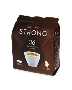 Kaffekapslen Strong 36 package and pods for Senseo